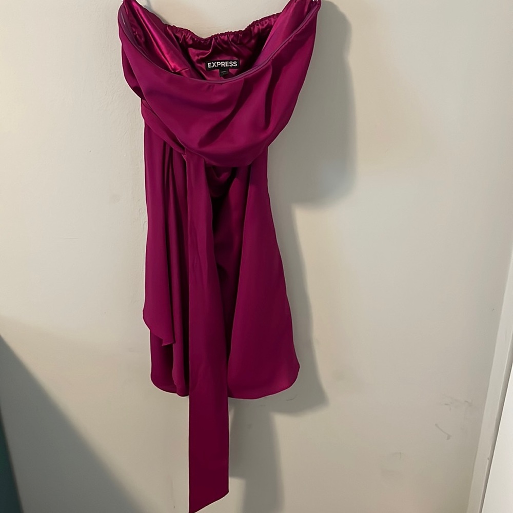 Express size 2 purple silky strapless dress with waist tie.